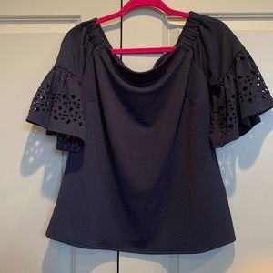 Off the shoulder laser cut bell sleeve navy top S